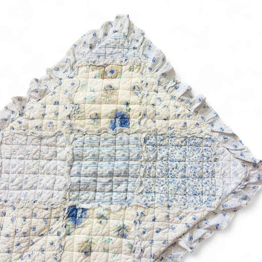 Patchwork Quilted Floral Pillowcase Ruffle Edges Whimsy Cottagecore